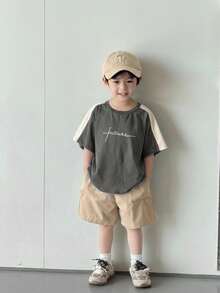 SHEIN 2pcs/Set Setelan Rajut Kasual Longgar Nyaman untuk Anak Laki-Laki, Kaos Lengan Pendek Leher Bulat Warna Kontras Motif Patchwork dan Celana Pendek, Pakaian Sehari-hari Musim Panas - Grey - View 5