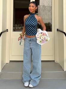 Comfortcana 女士蓝白波点撞色高领拉链针织吊带背心，无袖，简约休闲，适合日常穿着和通勤，夏季必备 - 彩色 - 查看 4