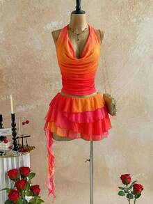 Soleia 女士渐变垂褶领无袖上衣和蛋糕中长裙两件套度假套装 - 橘色 - 查看 7