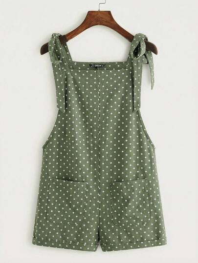 SHEIN EZwear Green Polka Dot Print Tie Waist Pocket Patchwork Sleeveless Romper, Casual Loose Vacation Style, Suitable For Summer, Vacation, Music Festivals, Back To School, Beach, Summer Parties