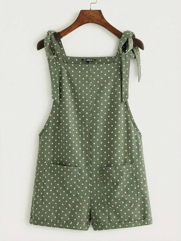 SHEIN EZwear 绿色波点印花系带腰带口袋拼接无袖连体裤，休闲宽松度假风，适合夏季、度假、音乐节、返校、海滩、夏季派对等场合。