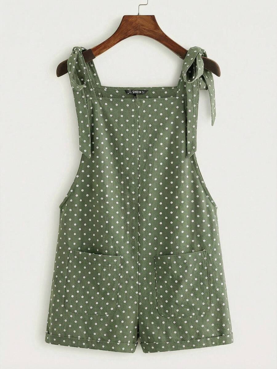 SHEIN EZwear 绿色波点印花系带腰带口袋拼接无袖连体裤，休闲宽松度假风，适合夏季、度假、音乐节、返校、海滩、夏季派对等场合。 - 彩色 - 查看 1