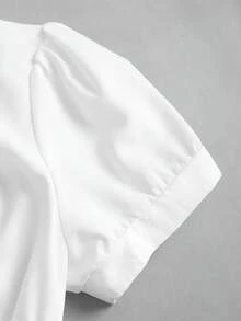 Sweetra French Elegant Lady Design Sense Shirt V-Neck Petal Sleeve Knit Splicing Slim Fit Elegant Sexy Slim Urban Style Women Bodysuit, Summer Short Sleeve - White - View 5