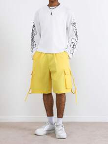 TOKVUE Men's Solid Color Elastic Waist Slant Pocket Casual Loose Shorts - Yellow - View 5