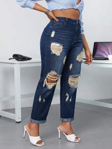 SHEIN SXY Plus Size Casual Washed Distressed Denim Jeans - Navy Blue - View 3
