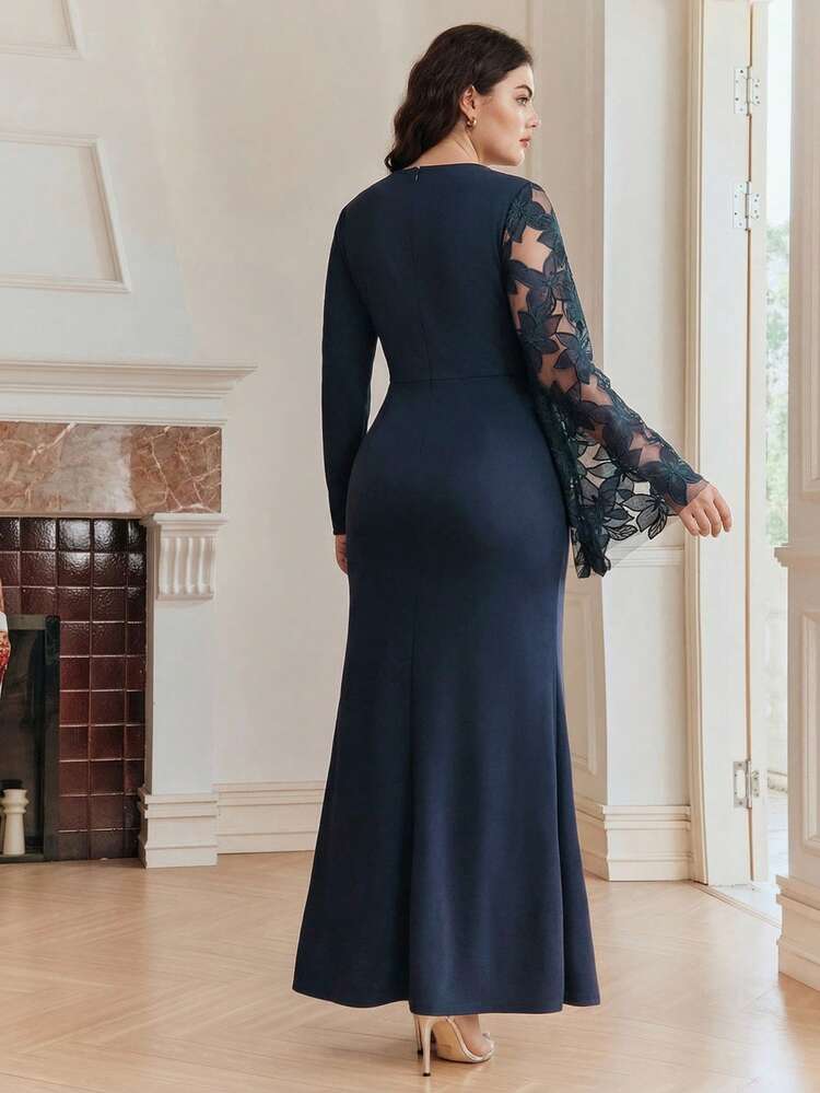 Plus Size Women's Spring/Summer New Long Sleeve Embroidered Dress, Sapphire Blue