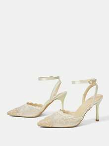 CUCCOO HITCHD 女士时尚优雅通勤网纱刺绣串珠尖头细高跟鞋 - 淡黃色 - 查看 3