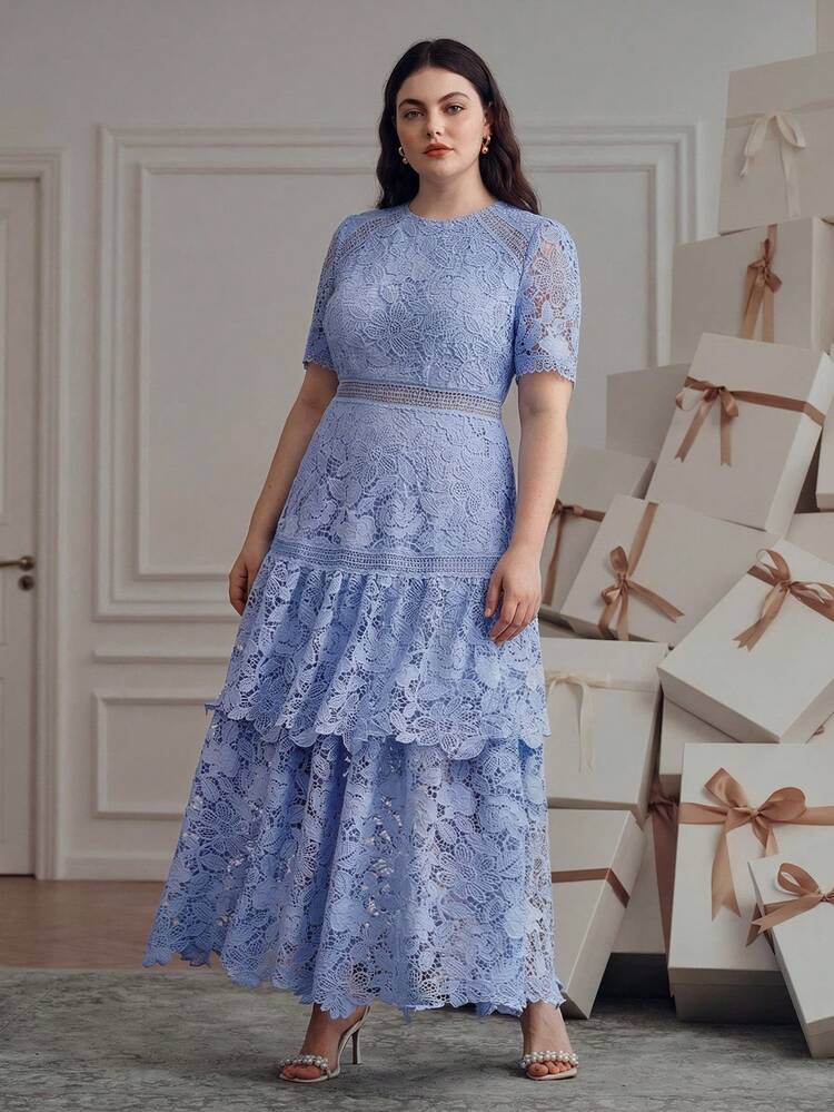 Anewsta New Party Summer Vacation Outfit Round Neck Short Sleeve Hollow Splice A-Line Dress, Exquisite Water-Soluble Lace, Elegant Plus Size Women Dress
