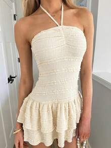 Sydney Algeri Summer Casual Solid Color Textured Tie-Up Halter Waist Flared Mini Skirt - Yellow - View 3