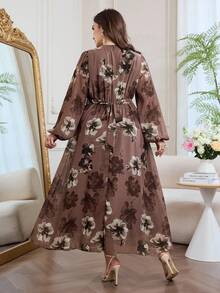 Modelyn 优雅雪纺印花长袖A字收腰大码连衣裙，春秋季 - 彩色 - 查看 2