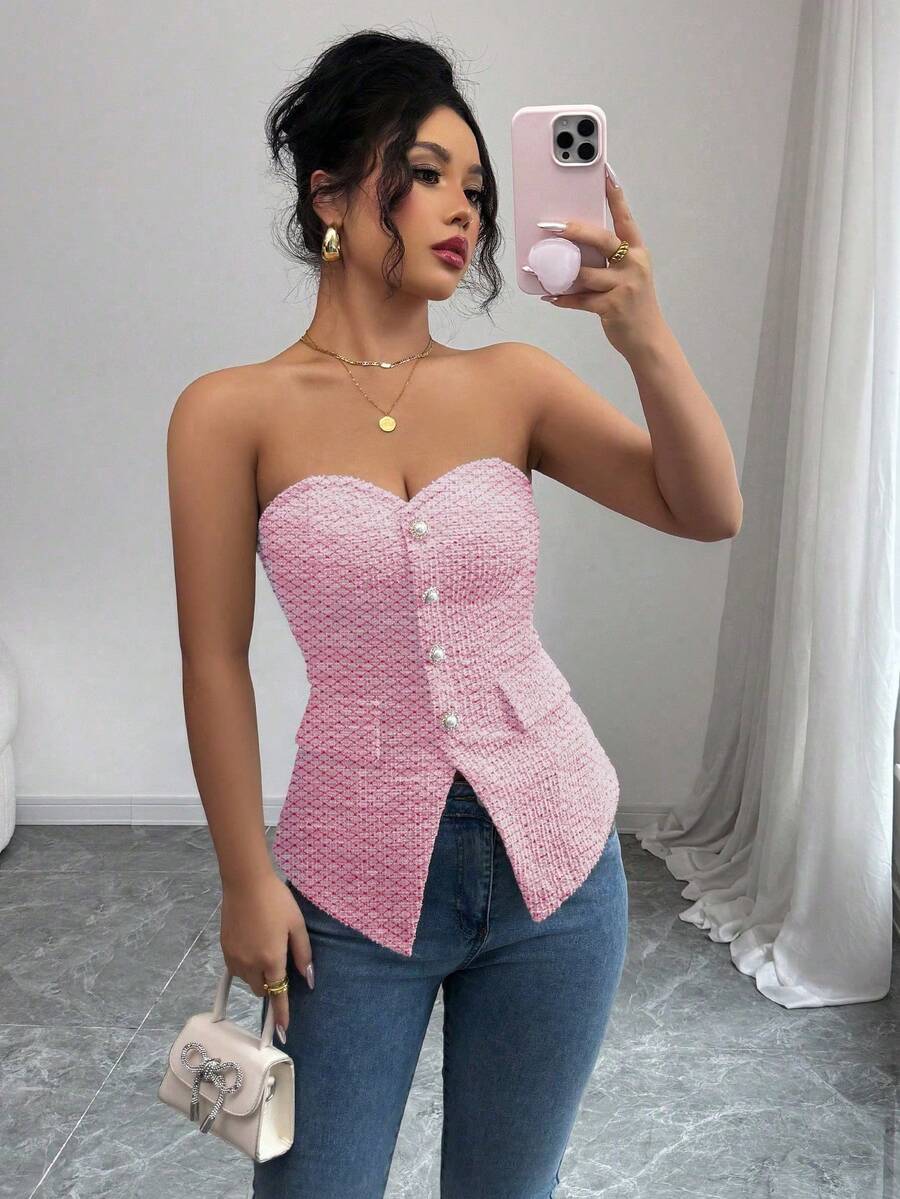 Rafferiza Women's Summer Pink Textured Bandeau Tight Crop Top With Pearl Button Detail - Hot Pink - View 1