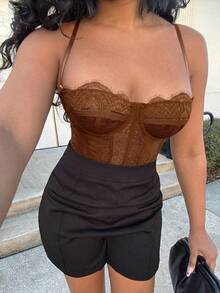 Alexandranx Ladies' Slim Fit Lace Contrast Mesh Camisole Top,Fall/Autumn - Brown - View 4