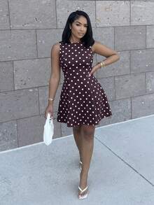 Alexandranx Váy chữ A không tay chấm bi màu nâu thời trang thu đông dành cho nữ, dáng chữ A thanh lịch, thích hợp cho các bữa tiệc, buổi họp mặt trang trọng, váy phù dâu, buổi tối đi chơi, Halloween, Giáng sinh - màu nâu - Xem 5