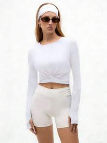 SHEIN Sports 纯色扭结下摆短款长袖运动T恤 - 白色 - 查看 3