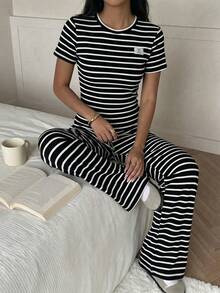 Bộ áo thun và quần kẻ sọc thường ngày cho bé gái tuổi teen, thích hợp cho mùa hè. - màu đen - Xem 4