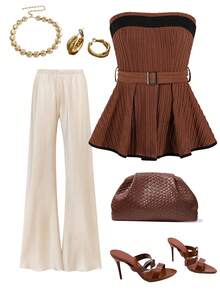 Ellevyn 女士拼接褶皱休闲百搭日常穿搭抹胸上衣 - 彩色 - 查看 9