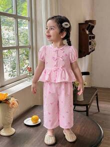 LMoss Kids 2pcs Baby Girl Woven Striped Petal Sleeve Casual Shirt And Loose Fit Pants Set - Multicolor - View 3