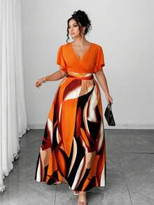 o redondo, estampado geométrico irregular, colorido, elegante, de alta gama, de estilo casual, de viaje, de vacaciones en la playa, bohemio, para mujer de talla grande, para primavera/verano - Naranja - Ver 7