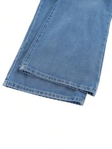 GlowEve Bộ jumpsuit denim nữ mùa hè dáng rộng, cài cúc nửa thân, kiểu dáng thường ngày, chất liệu denim mài, có ống loe. - Màu xanh lam - Xem 5