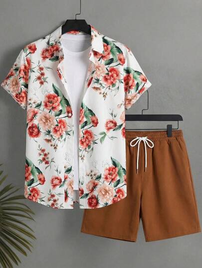 Manfinity Swimmode Men's Vacation Casual Printed Button-Up Shirt And Shorts Set