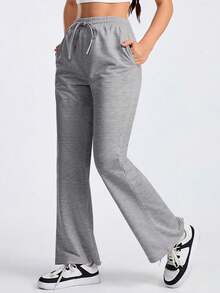 Exploreva Quần thể thao nữ màu trơn, có dây rút ở eo và túi, kiểu dáng thường ngày, thích hợp cho hoạt động ngoài trời. - Màu xám đen - Xem 1