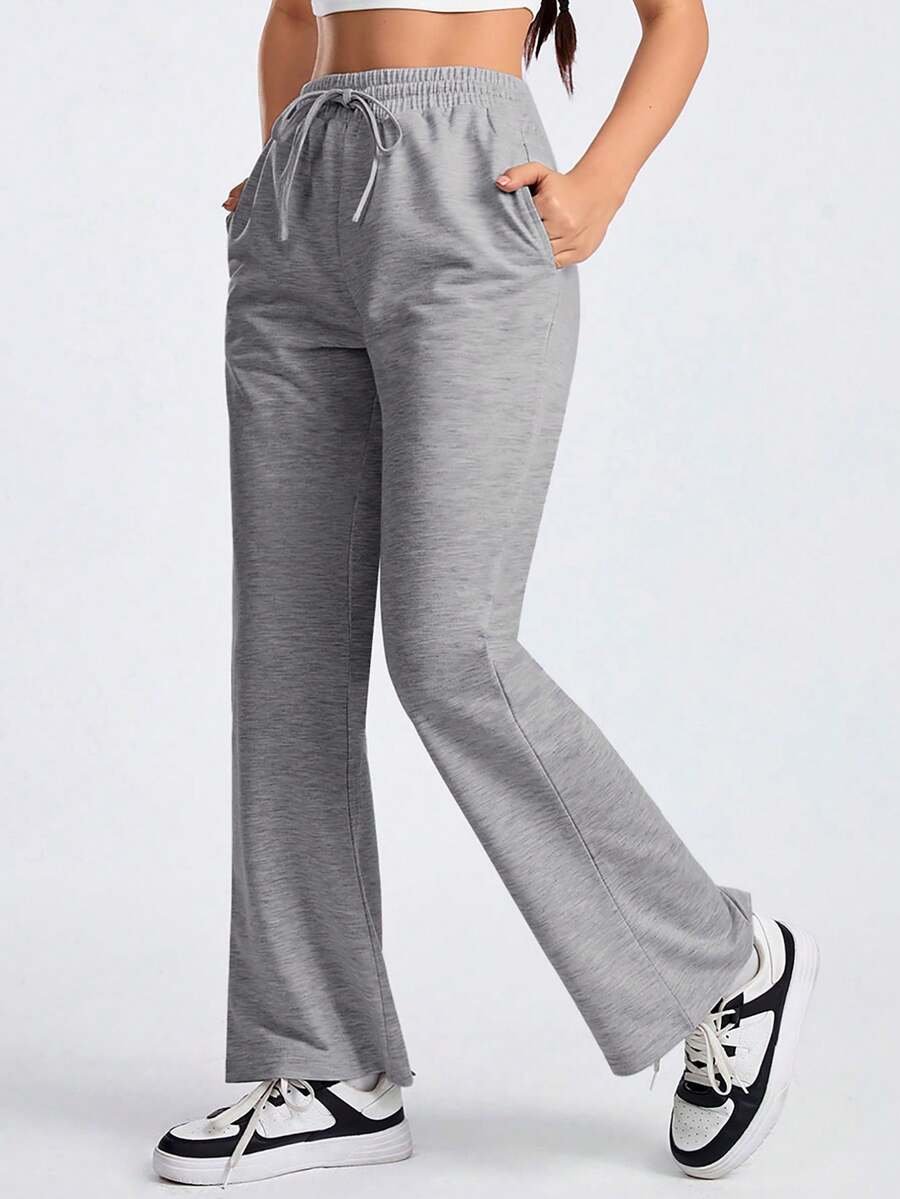 Exploreva Quần thể thao nữ màu trơn, có dây rút ở eo và túi, kiểu dáng thường ngày, thích hợp cho hoạt động ngoài trời. - Màu xám đen - Xem 1