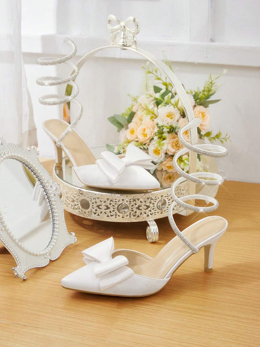 CUCCOO HITCHD White Satin Bow Rhinestone Spiral Lace-Up Pointed Toe High Heel Party Pumps For Women Summer Shoes Wedding Shoes Bride Shoes