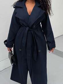 Alexandranx Áo khoác trench coat dài màu cà phê, chống gió, ấm áp, cạp chun, cài hai hàng khuy, phong cách Anh đa năng cho mùa thu/đông - Màu xanh hải quân - Xem 3