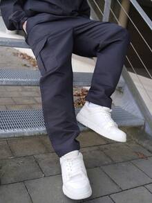 LEOGASHI LEOGASHI 1 件男士多口袋纯色修身工装裤，适合春夏海滩、度假、日常通勤、运动、户外、休闲、健身、跑步、直筒裤，百搭时尚，秋季 - 黑色 - 查看 1