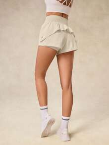 OutZeal Gym Shorts Women Sports Pink Shorts Solid Color Summer Spring Workout Breathable Stretch High Waist Built-In Shorts Ruffled Hem Design Active Bottoms - Apricot - View 8
