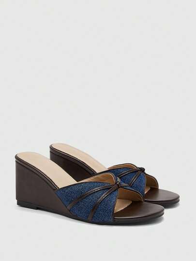 CUCCOO BIZCHIC Ladies' Elegant Bow-Tie Round Toe Wedge Sandals (Sweet And Romantic Blue And Brown PU Mix), Suitable For Afternoon Tea, Appointments, Christmas Holidays, Etc Summer Shoes