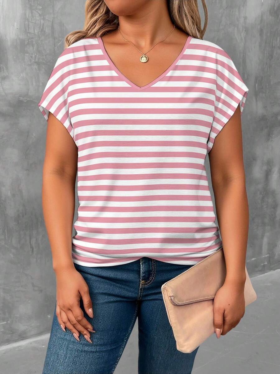 EMERY ROSE Kaos Lengan Pendek Leher V Motif Garis-garis Ukuran Besar, Kaos Lengan Pendek Wanita Ukuran Besar - MultiWarna - View 1