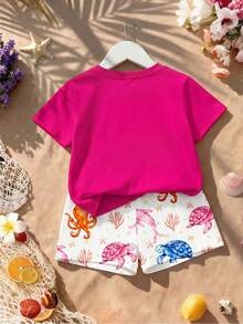 Young Girl Ocean Creature Print T-Shirt And Shorts Set, Casual Vacation Outfit - Hot Pink - View 5