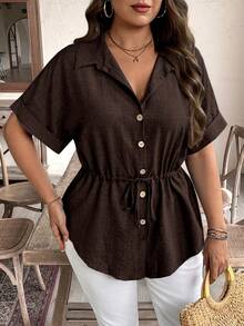 Weeklong Zanzea Women's Plus Size Brown Summer Smart Casual Blouse,Drawstring Waist Button Up Shirt,Elegant Vintage Textured Fabric Tops For Vacation,Party - Brown - View 1