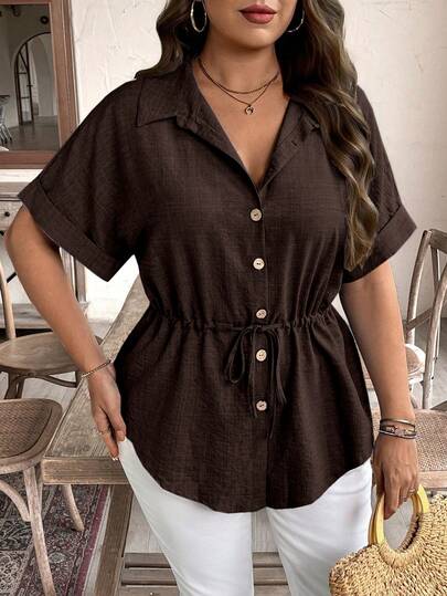 Weeklong Plus Size Women's Drawstring Waist Light Blue Textured Vintage Fabric Jacquard Dress, A-Line Silhouette Design Slimming Co's Day, Halloween, Thanksgiving, Easter, National Day, Prom, Date Party, Wedding Season, Outdoor Excursion Women's Shirts For Summer Chic Blouse For Women Casual Elegant Shirts For Ladies Casual Blouse With Garterized Waist For Women Buisness Casual Women Tops Button Up Shir Brown Blouses For Women Zanzea Blouses For Women