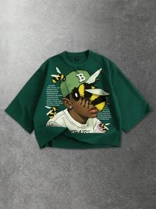 ROMWE MEN 男士印花七分袖T恤，宽松版型 - 墨綠色 - 查看 1