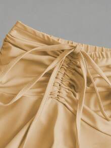 Sweetra CURVE Plus Size Elastic Waist Front Drawstring Asymmetrical Hem Skirt Pants - Brown - View 4