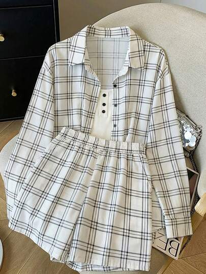 Resyla Bộ đồ nữ thường ngày gồm áo sơ mi và quần short kẻ caro cài cúc phía trước, thích hợp cho mùa hè.