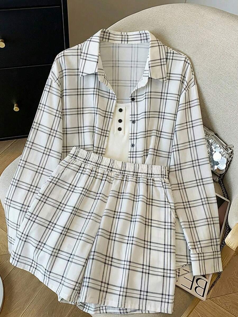 Resyla Bộ đồ nữ thường ngày gồm áo sơ mi và quần short kẻ caro cài cúc phía trước, thích hợp cho mùa hè. - Đen và trắng - Xem 1