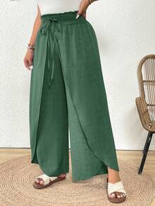 SHEIN Frenchy Plus Size Women Drawstring Waist Split Design Casual Versatile Daily Wear Pants - Green - View 4