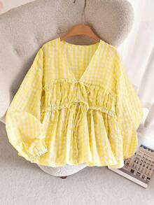 CosyJoli Plus Size Women Casual Tie-Front Plaid Shirt Fall - Yellow - View 5