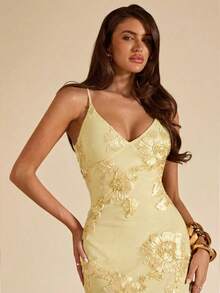 SHEIN BAE 纯黄色提花无袖修身连衣裙，优雅早午餐连衣裙，婚礼宾客礼服，鸡尾酒会礼服，高贵连衣裙，黄色连衣裙，度假沙滩连衣裙 - 綠色 - 查看 6