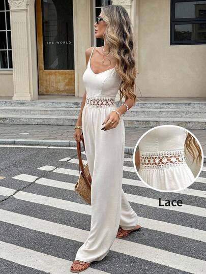 Serisse Women's Summer Casual Vacation Solid Color Linen Sleeveless  V-NeckWaist Splice Water-Soluble Lace Loose Wide Leg Jumpsuit,Casual Summer Solid Color Jumpsuit, Romantic And Elegant, Textured Fabric, Casual Wide-Leg Pants, Suitable For Vacation And Daily Wear,Woman S Summer Clothes  Women  Women Holiday Resort Boho Jumpsuit Summer Jumpsuit Vacation Jumpsuit Casual Jumpsuit