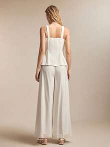 BizChic Bộ đồ công sở thành thị thời trang và thanh lịch mùa xuân/hè mới, gồm áo cardigan hai dây bằng vải lanh phối ren, mở phía trước và cúc hình nấm, quần ống ôm cạp chun, - trắng - Xem 3