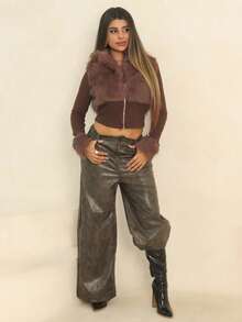 Rayane Ketlyn 时尚街头风格女士仿皮毛拉链长袖夹克 - 棕色 - 查看 4