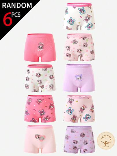 6pcs Girls' Cute Rabbit Face & Smile Print Cotton Briefs, Assorted Colors