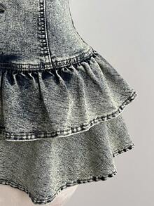 Elamini Women's Summer Washed Front Button Ruffle Hem Tube Top Denim Dress - Dark Wash - View 3