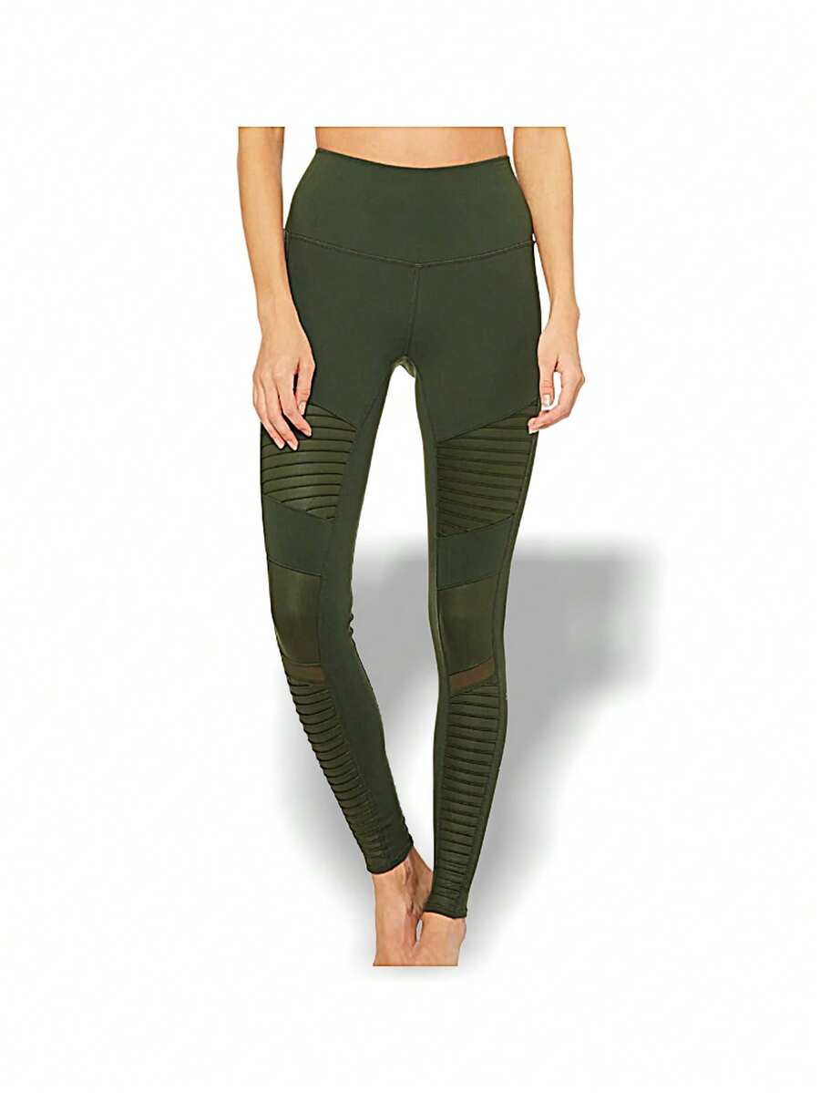 Alo Yoga Leggings HIGH WAIST MOTO Sweat Absorption Breathable Lightweight Solid Good Elasticity Easy To Wash Running Cycling Women Dark Green W5494R - HUNTER/HUNTHER GLOSS - Màu xanh lá cây đậm - Xem 1