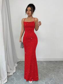 Selianne Đầm dài hai dây thanh lịch, ôm eo, bóng bẩy dành cho nữ dự tiệc. - Đỏ - Xem 5