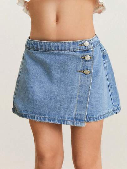 SHEIN Young Girl's Lovely Water Washed Comfortable Casual Soft Denim Skirt Shorts
